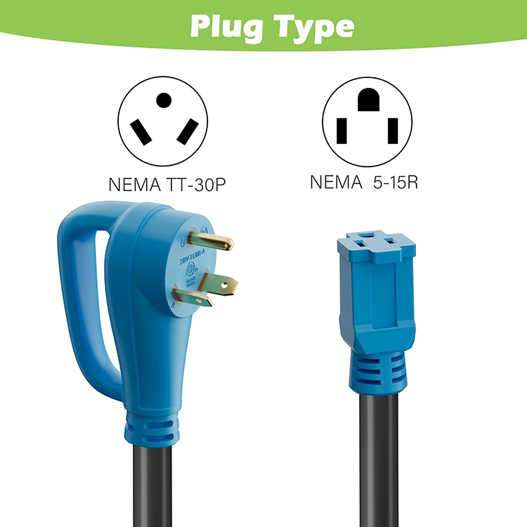 NEMA TT-30P male to NEMA 5-15R female adapter, 125V, 10 gauge STW wire