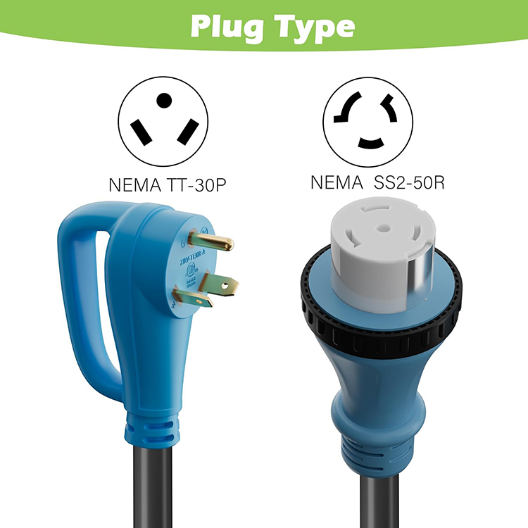 30 Amp to 50 Amp RV Adapter Cord, NEMA TT-30P to SS2-50R with Twist Lock, Power Converter Plug 