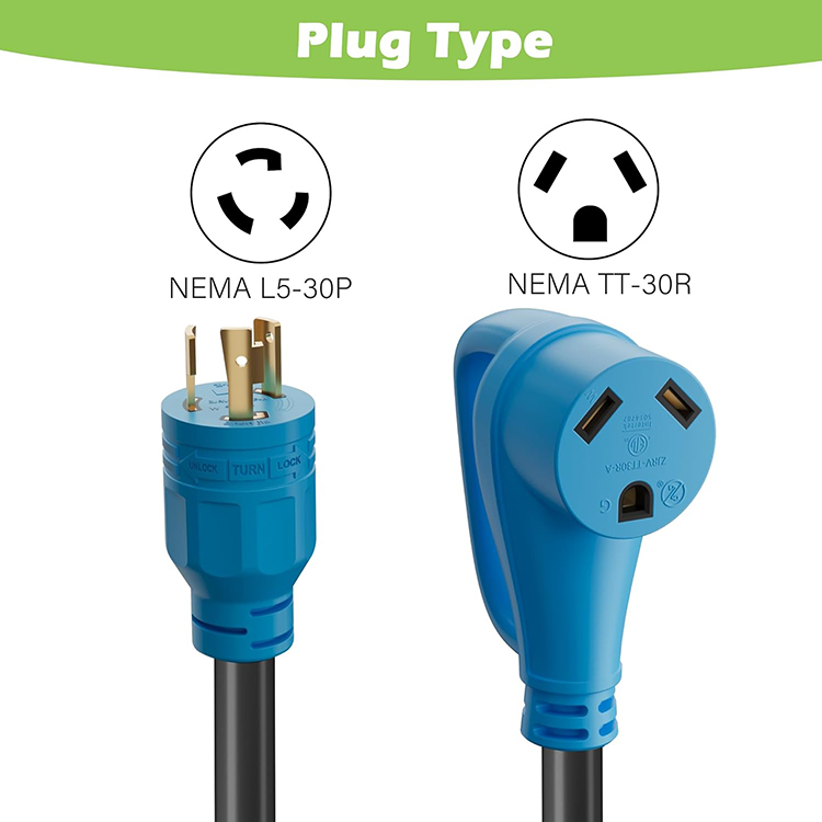 3 Prong Generator to RV Adapter, NEMA L5-30P Male to NEMA TT-30R Female with Handle