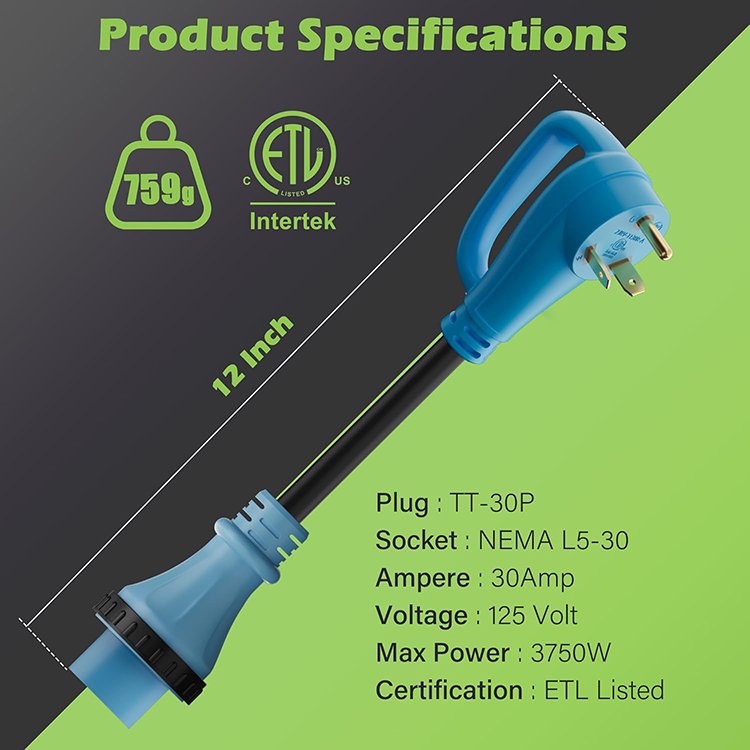 4 Prong 50 Amp to 3 Prong 30 Amp Dog Bone Plug Trailer Camper Power Converter, NEMA 14-50P Male to L5-30R Female